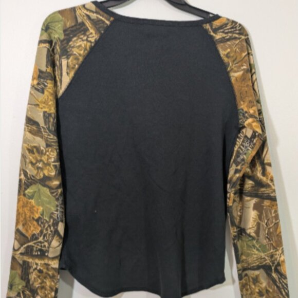 Cabela's Woman’s Henley Top Black with Tree Print Sleeves, Size M - Picture 3 of 4